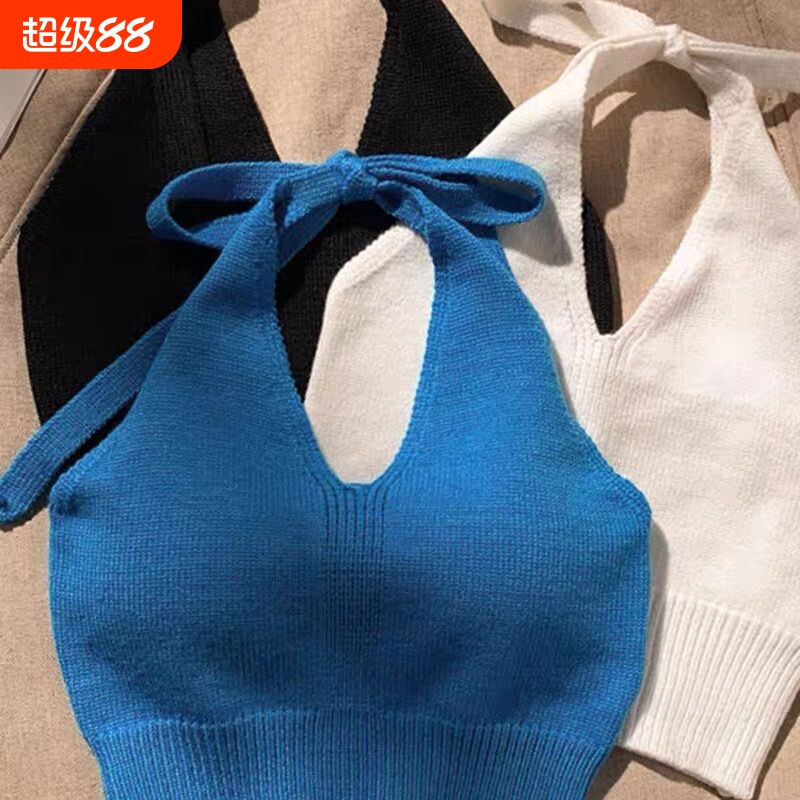 辣妹韩系网红夏款港风针织吊带外穿内搭短款纯色背心挂脖上衣美背