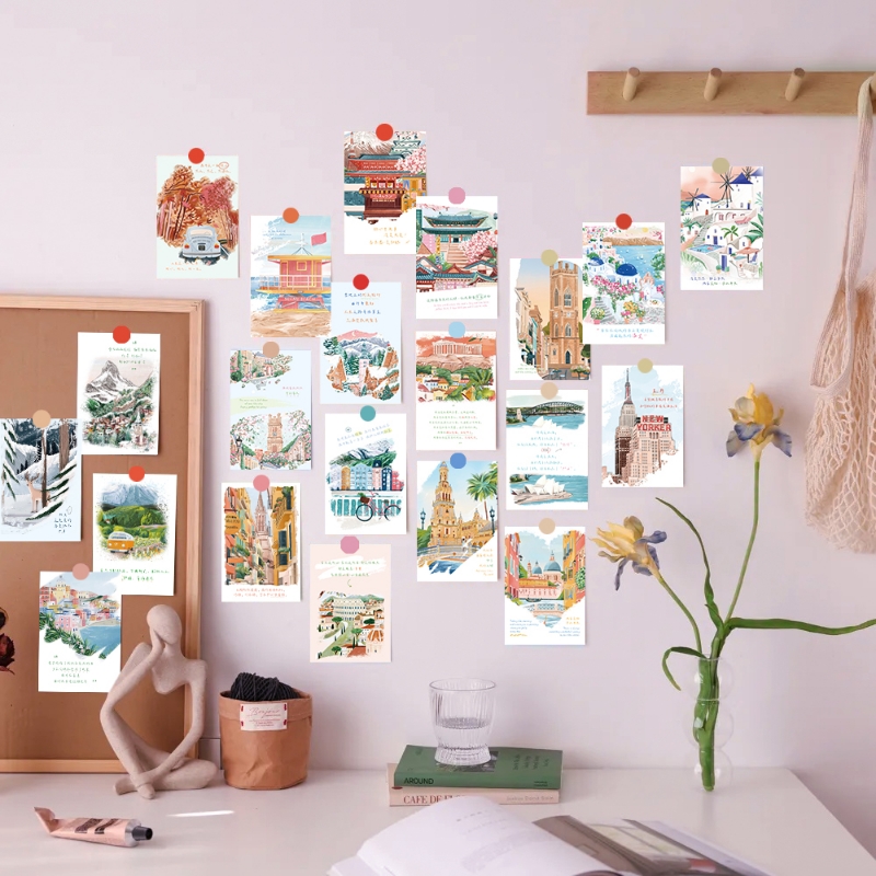 手绘世界风景明信片墙面ins风装饰卡片生日毕业留言贺卡浪漫小清新情调四季情书告白信笺