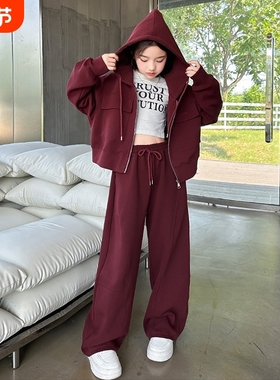 女孩网红炸街套装秋装2025新款女大童运动红色衣服女童工装两件套