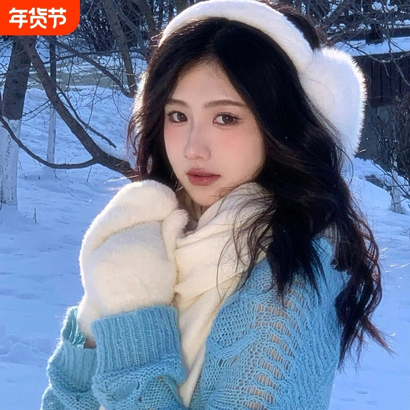 韩系白色兔毛手套女秋冬季可爱毛绒加厚保暖防寒骑行挂脖连指手套