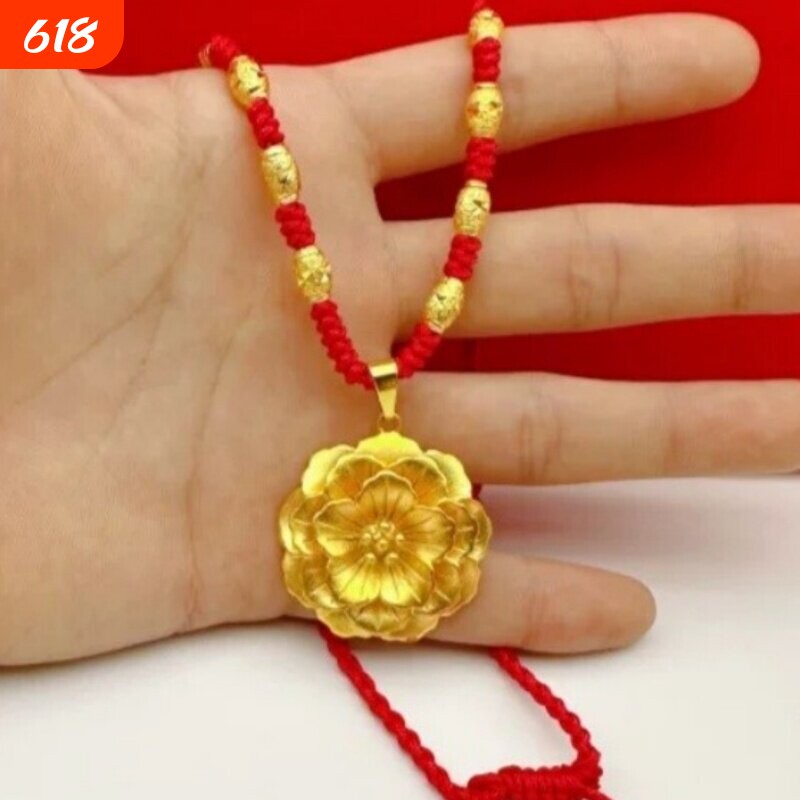 越南沙金大花朵吊坠项链女款铜镀金民族风久不掉色纯手工编织红绳