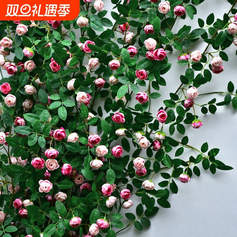仿真玫瑰花假花空调管道装饰花藤条遮挡塑料藤蔓植物摆设手工花艺