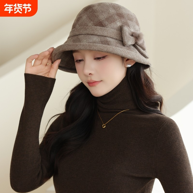 中老年帽子洋气盆帽妈妈帽秋冬款毛呢女帽保暖防寒防风卷边奶奶帽