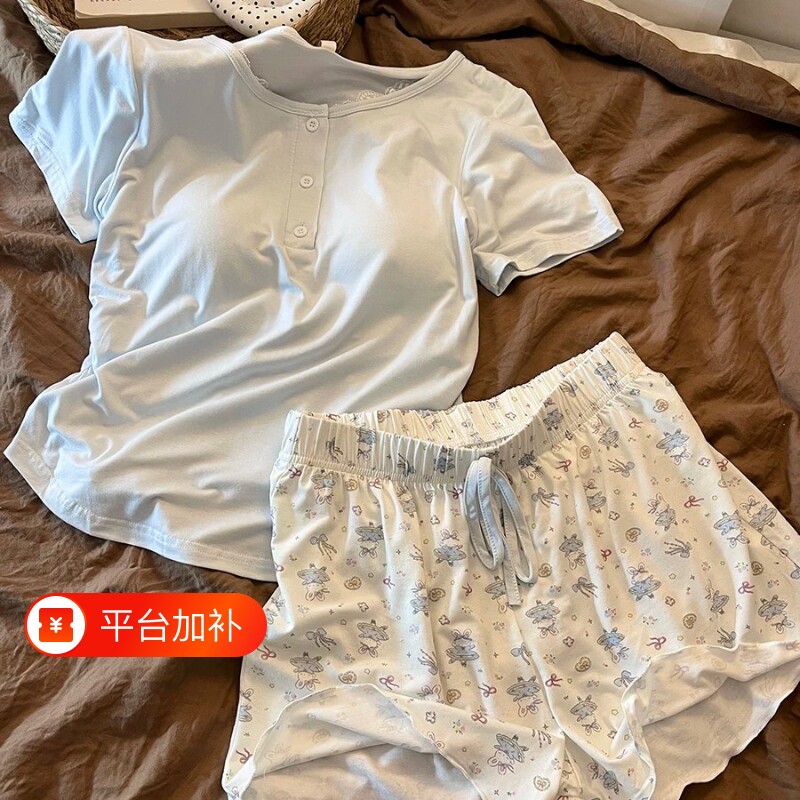 韩系少女带胸垫短袖睡衣女夏季2026新款卡通短裤可外穿家居服套装