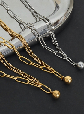 双层链条拼接锁骨链百搭饰品女钛钢18k金西太后气质圆珠吊坠新款