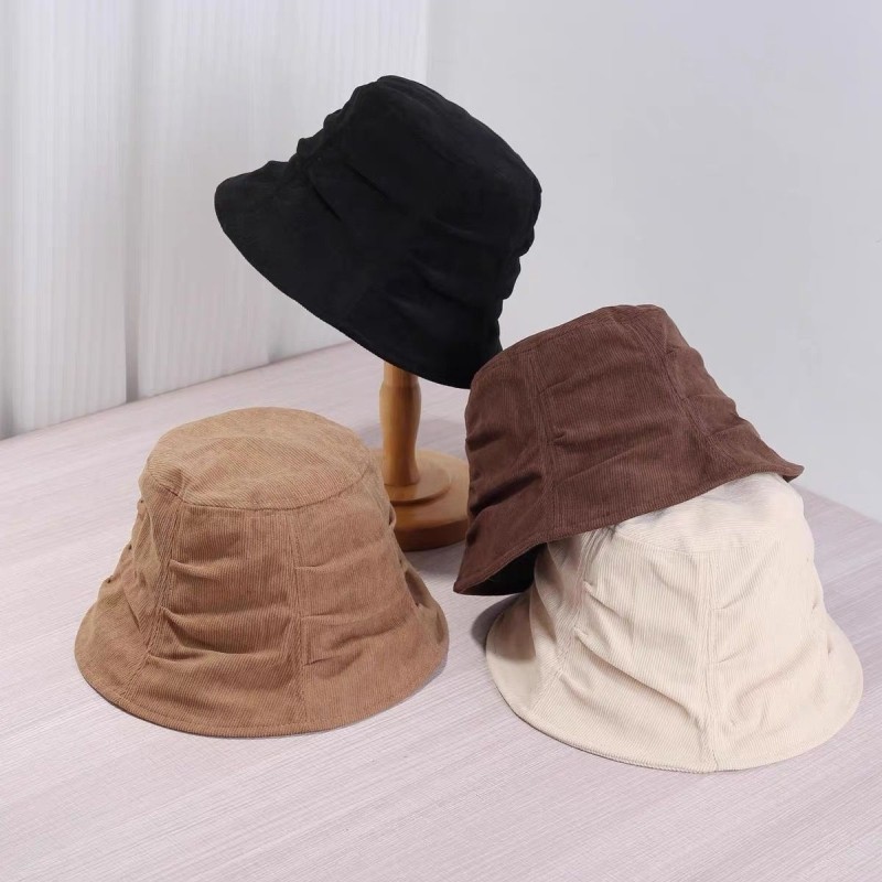 日系灯芯绒渔夫帽子女春秋冬季显脸小水桶帽盆帽黑色咖色防风休闲