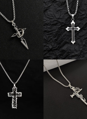 项链学生党国风十字架男女新中式个性街头复古吊坠情侣玫瑰钛钢