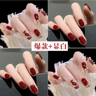 酒红美甲穿戴可拆卸贴片假指甲甲片中长款 秋冬酒红色新年酒红美甲