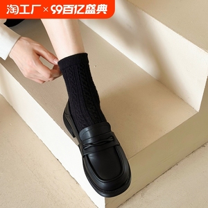 黑色英伦小皮鞋女夏软底软面乐福鞋通勤女鞋粗跟教资鞋子高跟浅口
