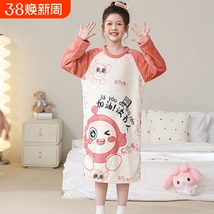儿童睡裙秋冬季珊瑚绒保暖女孩薄款法兰绒新款女童睡衣蛋仔家居服