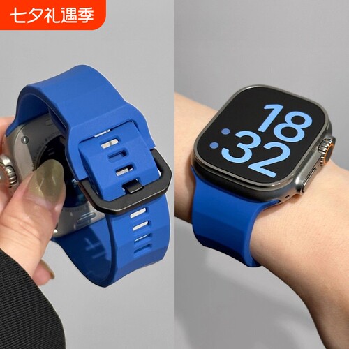 适用iwatch11苹果手表applewatch10表带s9机械风克莱因蓝s87运动透气硅胶Ultra2/3新款男女45SE简约6情侣小众