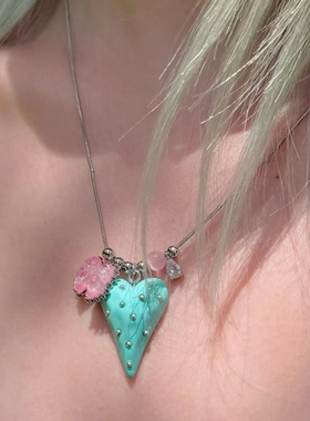 甜酷风粉蓝爱心蝴蝶结叠戴项链高级感时尚百搭锁骨链小众气质颈链