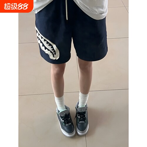 藏青色贴布鲨鱼嘴短裤男夏季美式裤子休闲宽松运动五分裤黑色舒适