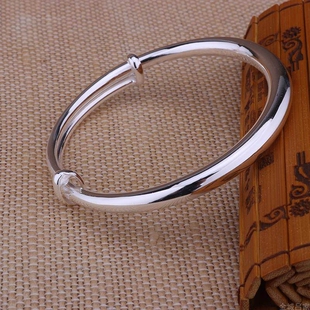 幂琳纯银9999银手镯简约光面推拉扣手镯男女款 民族风刻字 伸缩时尚