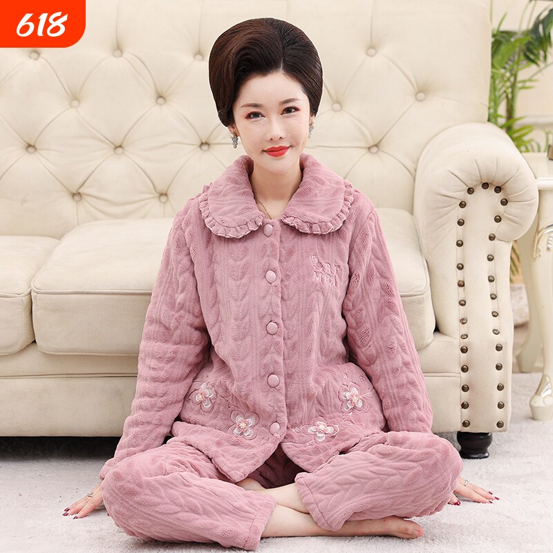 妈妈睡衣女秋冬季珊瑚绒加绒加厚法兰绒冬天大码中老年家居服套装