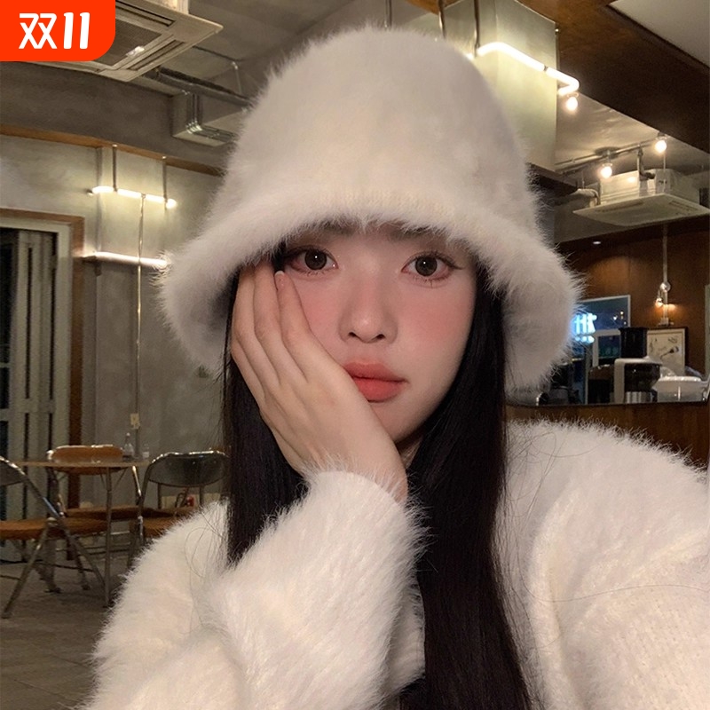帽子女秋冬新款兔毛渔夫帽大头围百搭遮脸显脸小加绒水桶帽盆帽