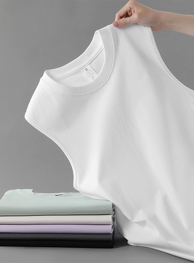 230G重磅T恤 纯棉无袖宽肩背心 小领口男士衫坎肩运动白t恤宽松