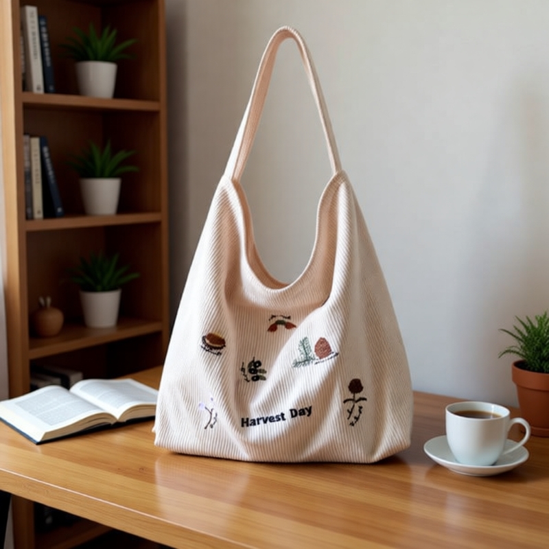 条绒刺绣帆布包大容量单肩包通勤腋下包小众百搭大学生斜挎托特包