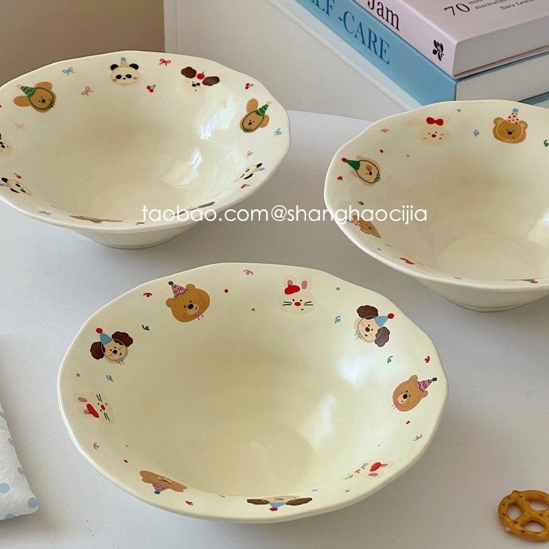 ins韩国可爱小狗草帽盘家用陶瓷意面西餐盘深盘甜品蛋糕盘菜碟子