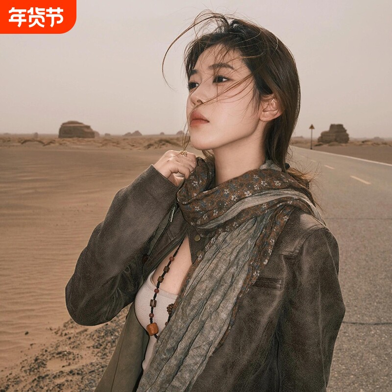 薄款废土风棉麻围巾女大西北披肩外搭云南旅游文艺丝巾民族风头巾