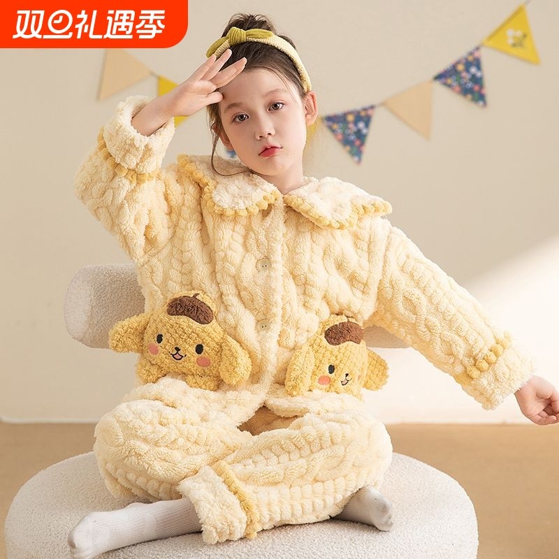 新款女童睡衣秋冬款珊瑚绒加厚卡通儿童女孩法兰绒宝宝家居服套装