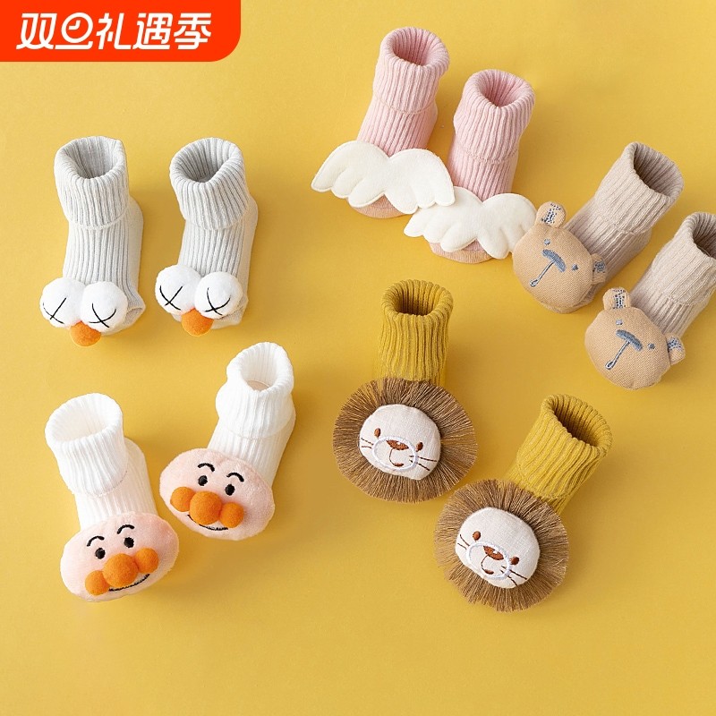 新生儿婴儿袜子0一3月春秋冬季纯棉宝宝地板袜鞋套防滑隔凉中筒袜