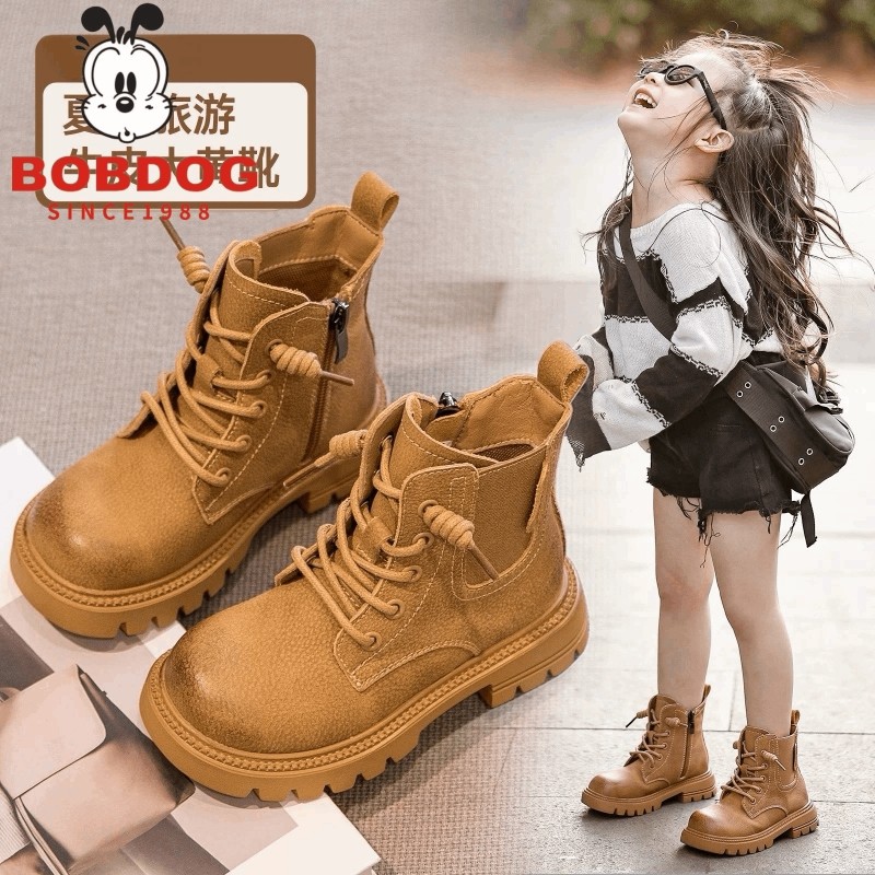 巴布豆马丁靴女童2025新款秋冬儿童靴子短靴新疆旅游鞋加绒黑色