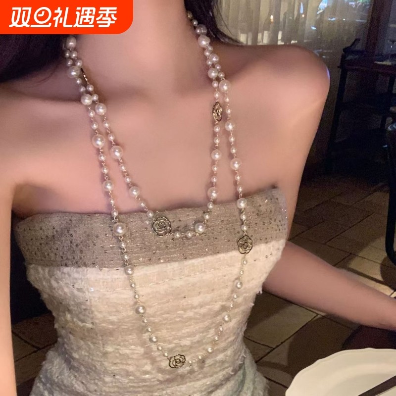 小香长款山茶花仿珍珠项链轻奢精致高级感叠戴中式旗袍配饰锁骨