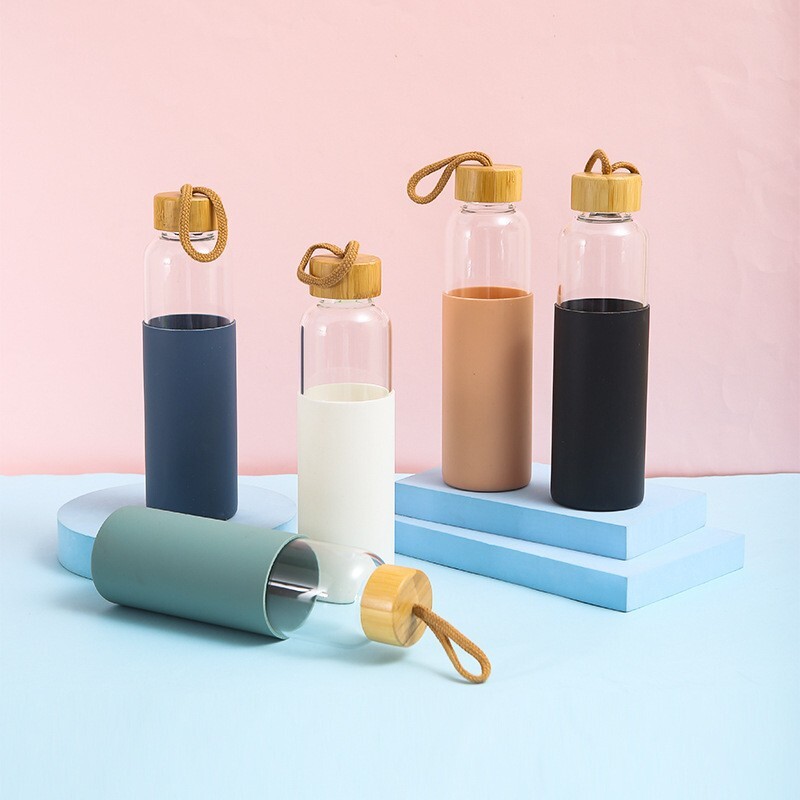 外贸新款单层玻璃杯带硅胶套防烫水瓶便捷提手大容量户外玻璃水杯