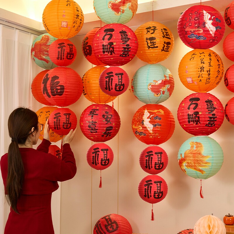 2026福字灯笼古风纸灯笼串新年春节户外装饰布置挂饰流苏过年氛围