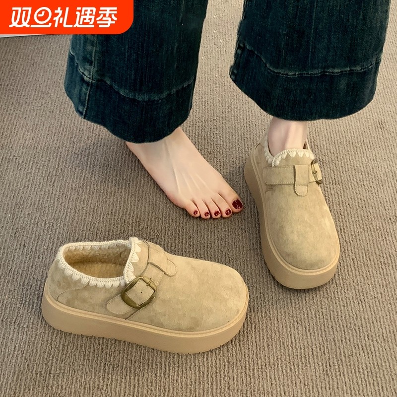 厚底勃肯鞋女2025新款秋冬加绒豆豆鞋保暖雪地靴一脚蹬棉鞋子毛绒