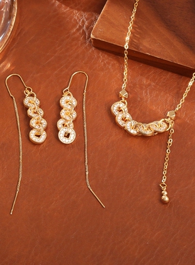 爆款五帝钱多多项链新中式高级感时尚精致好运锁骨链女中国风耳环