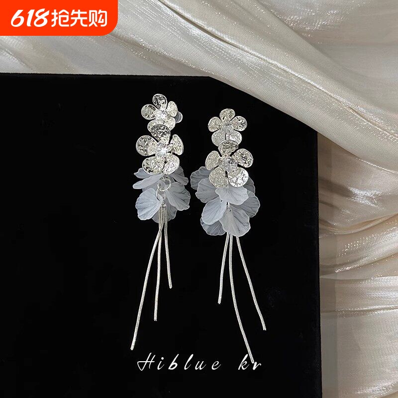 锆石花朵贝壳海边度假风流苏长款耳环女方圆脸耳饰2025新款高级感