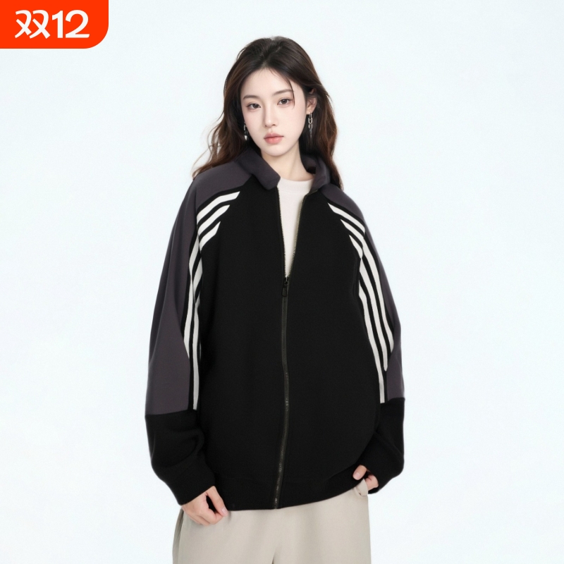 花灰色拼接立领开衫卫衣外套女2025年秋冬款宽松休闲藏蓝色条纹