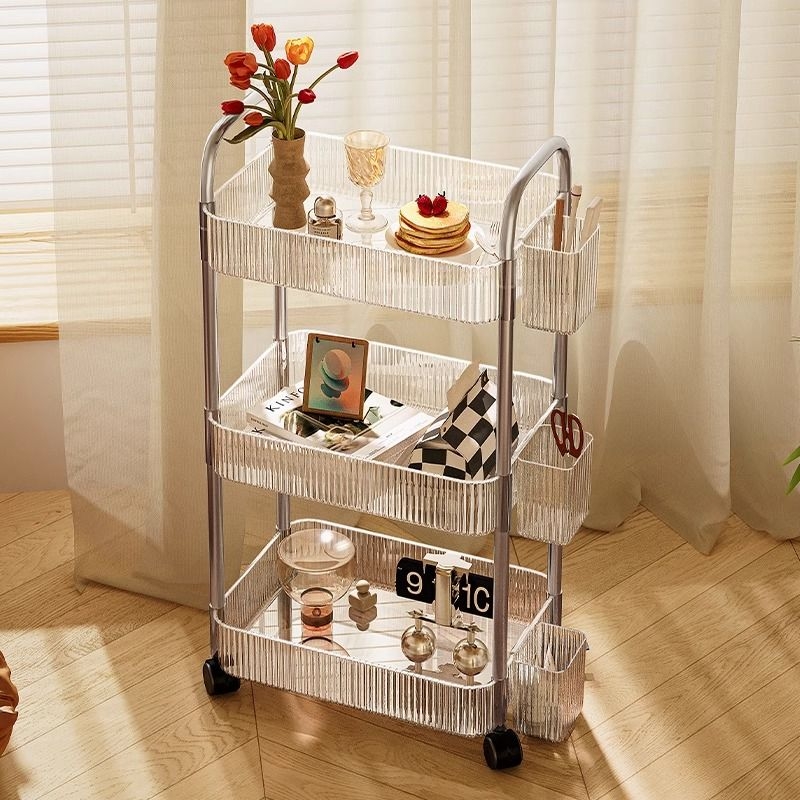 透明亚克力小推车置物架床头零食架卧室落地可移动化妆品收纳架子