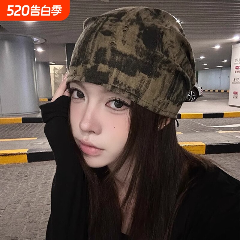 废复古堆堆帽子女秋冬美式辣妹头巾帽显脸小包头帽冷帽迷彩灰色