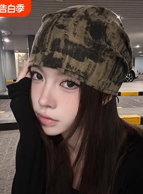 废复古堆堆帽子女秋冬美式辣妹头巾帽显脸小包头帽冷帽迷彩灰色