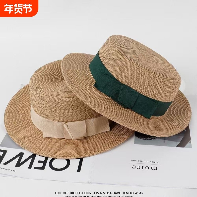 日系草帽女夏天复古平顶小清新礼帽遮阳防晒沙滩帽子出游渔夫帽潮