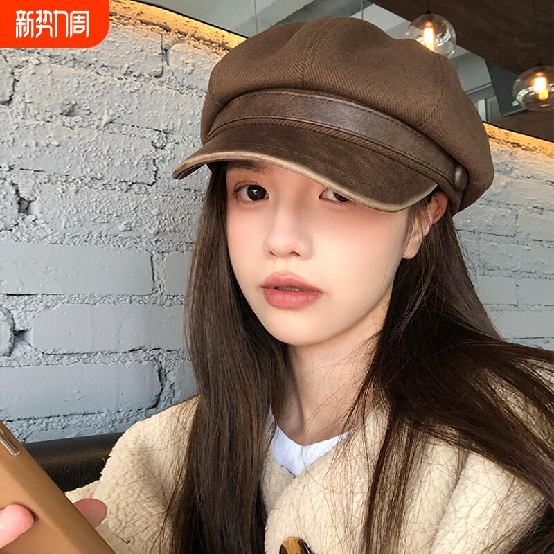 棕色贝雷帽女秋冬季2026新款帽子显脸小报童八角帽咖色卡其色黑色