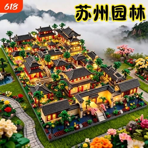 苏州园林积木高难度巨大型古代故宫建筑拼装玩具摆件男孩六一礼物