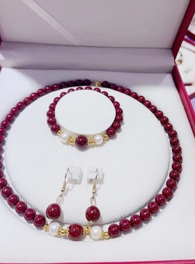 朱砂项链三件套装女款贝珠玉髓气质吊坠母亲女神节送妈妈礼物批发
