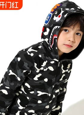 ape大童双帽刺绣新款潮鲨鱼服迷彩印花男女批发拉链到头外套红色