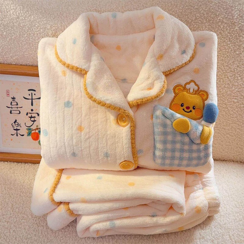 珊瑚绒保暖女童睡衣秋冬季加厚法兰绒儿童女孩卡通小熊家居服套装