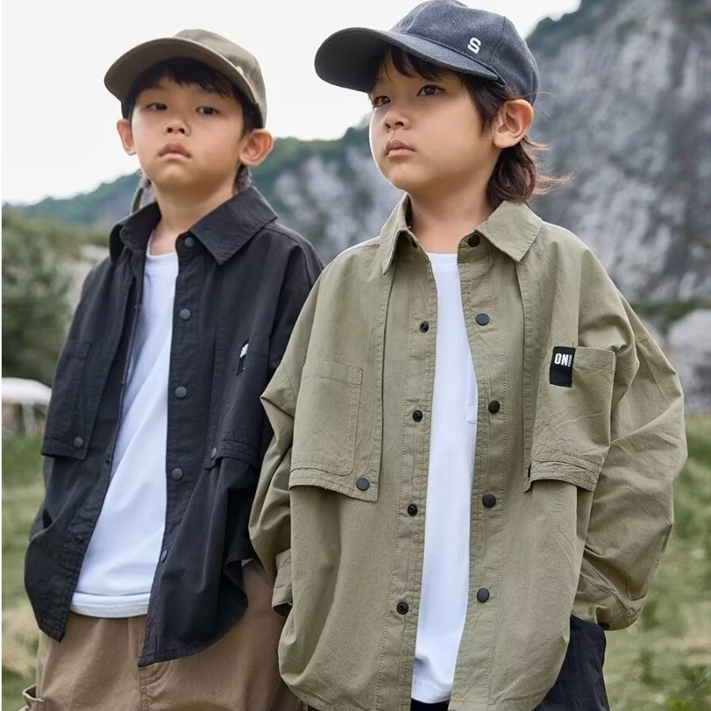 男童秋装露营衬衫春秋儿童长袖衬衣秋季2025新款男孩炸街痞帅童装