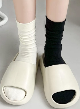 白色无骨堆堆袜子女款纯色棉中筒袜春夏季薄款透气防臭月子长筒袜