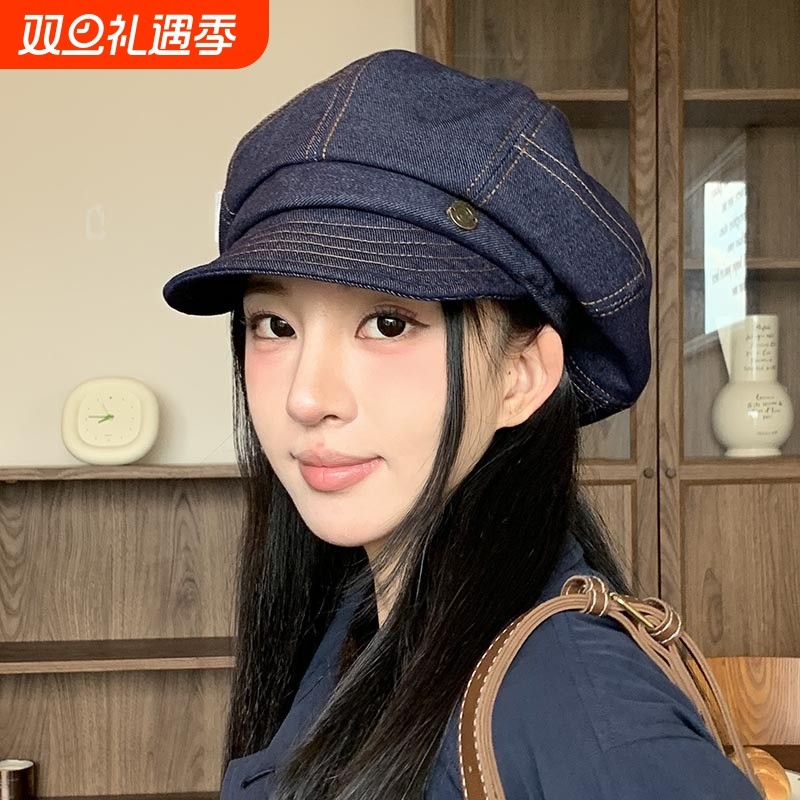 美贝雷帽女春秋日系复古大头围鸭舌八角帽显脸小画家帽子黑色咖色