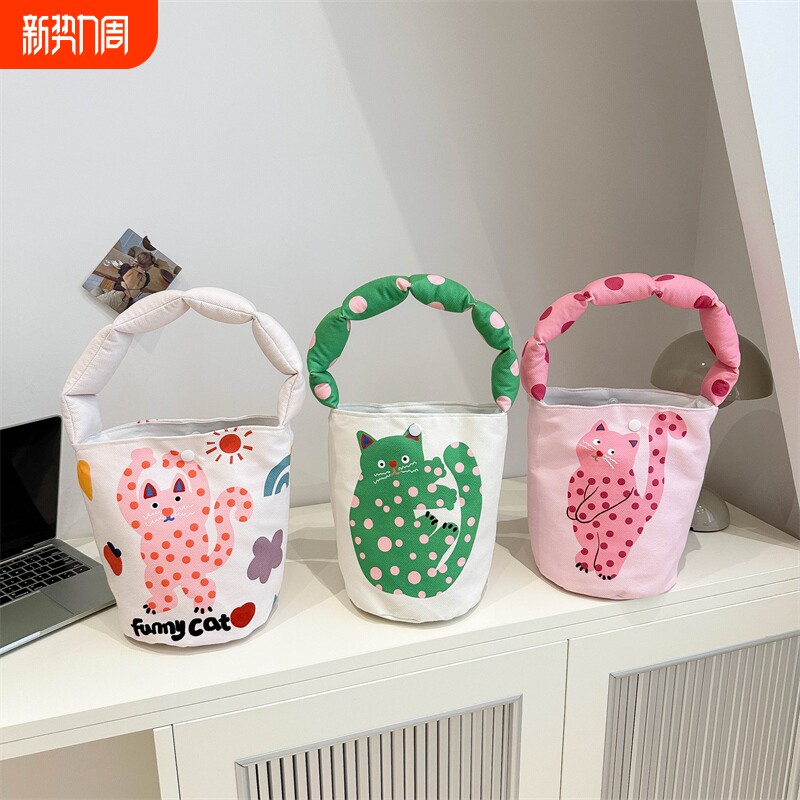 帆布袋可爱猫咪卡通棉布包水桶帆布包文艺棉布袋手提单肩包手工