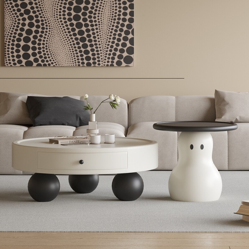 奶油风雪人圆形茶几组合设计师创意高级感极简客厅家用小户型艺术