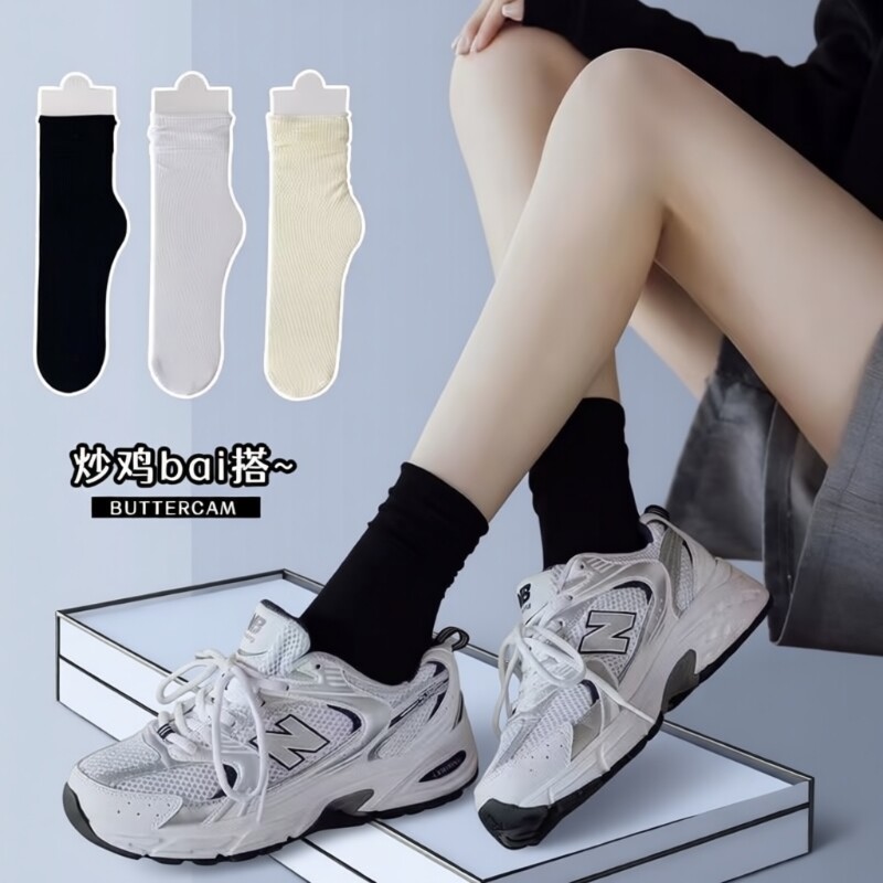 袜子女堆堆袜夏季薄款月子袜乐福鞋冰冰袜夏天冰丝中筒袜黑色白色