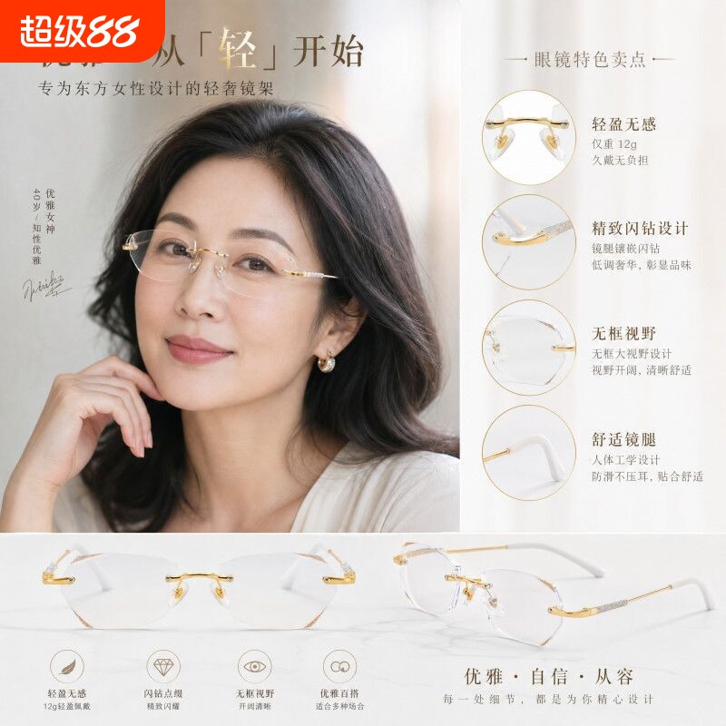 老花眼镜无框新款中老年超轻切边高清女士高档时尚钻石蓝光老花镜